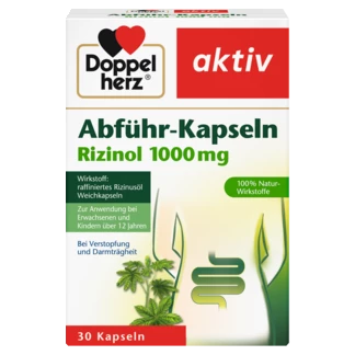 Abbildung der Produktverpackung Doppelherz aktiv Abführ-Kapseln Rizinol 1000 mg Frontansicht